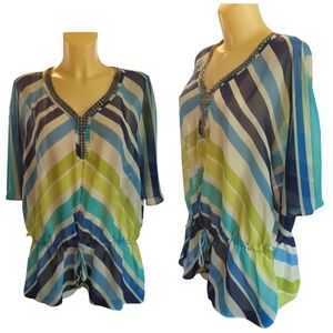 ❗$1 Bundled❗ LANE BRYANT Blue White Green Striped Sheer Blouse with Drop Waist